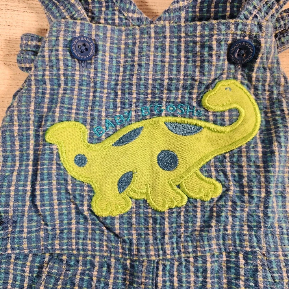 Vintage Baby OshKosh Bgosh Blue Seersucker Dinosaur Vestbak Shortalls 12M